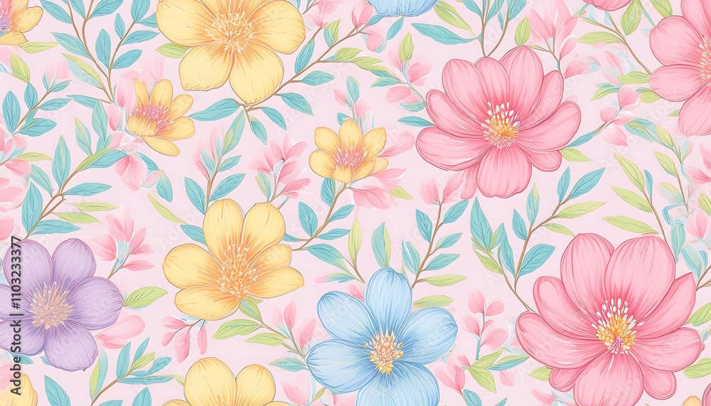 Obraz premium Seamless Floral Pattern with Pink Flowers - Vector Design for Wallpaper, Textile, and Decoration