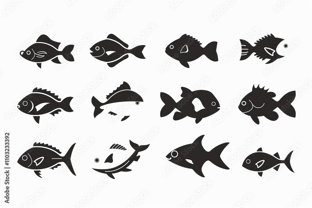 Naklejka premium Fish icon, mackerel shape, minimal fishing symbol, tuna silhouette, salmon sign, black ink fish shape