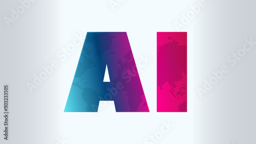 Artificial intelligence. AI symbol with world map contour. Deep learning. Smart digital technology. Vector illustration for science, future, presentation, web design, business