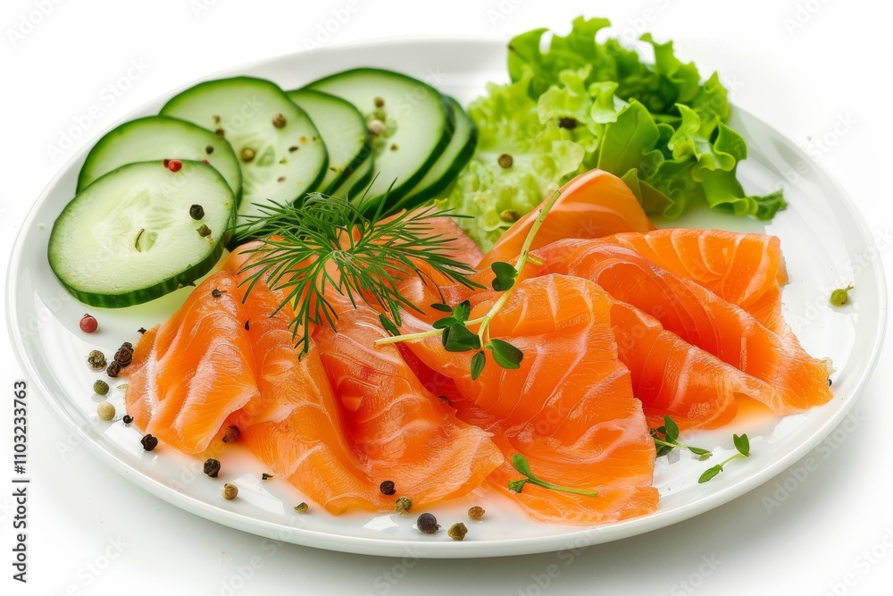 Sashimi, Raw Red Fish, Trout Slices, Salted Salmon Fillet with Cucumber and Greens on Elegant Flat Plate Sashimi, Raw Red Fish, Trout Slices, Salted Salmon Fillet with Cucumber and Greens on Elegant Flat Plate