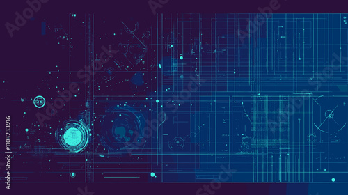 Futuristic technological blueprint with glowing elements and abstract grid patterns