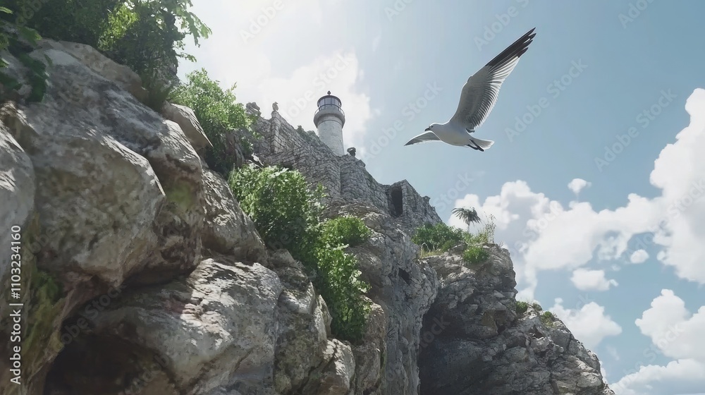 Seagull Flying Above Rocky Shoreline and Historic Lighthouse Seagull Flying Above Rocky Shoreline and Historic Lighthouse