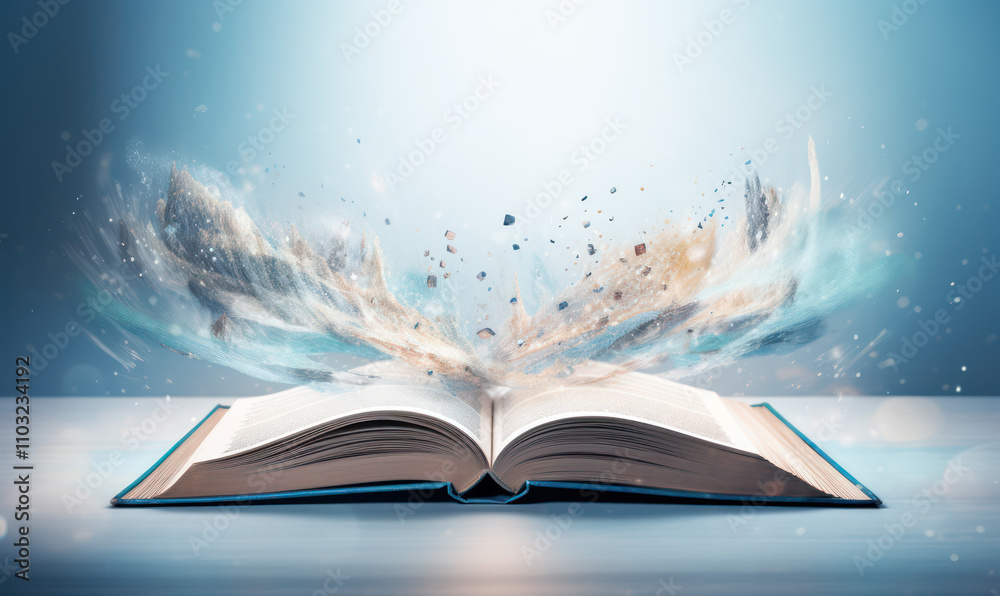 Open Book with Magical Energy and Colorful Particles Emanating from Its Pages in a Dreamlike Atmosphere Open Book with Magical Energy and Colorful Particles Emanating from Its Pages in a Dreamlike Atmosphere
