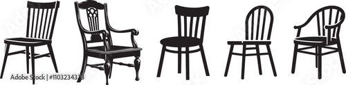 Classic Chair Collection, A curated selection of five distinct wooden chairs, each showcasing unique design elements and styles. Perfect for interior design projects, furniture catalogs.
