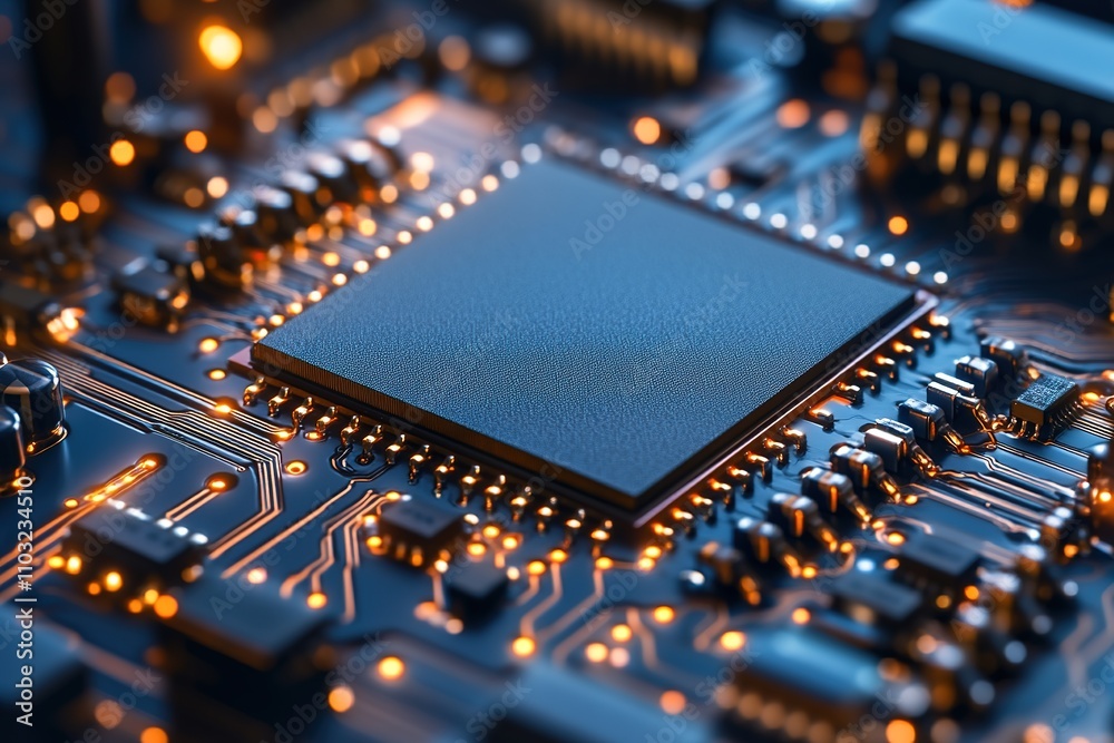 Close-up of blue microchip in circuit board with golden tones Close-up of blue microchip in circuit board with golden tones