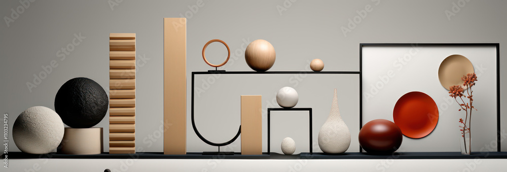 Modern Minimalist Art Display with Geometric Shapes, Organic Forms, and Textured Elements in Soft Earth Tones Against a Neutral Background Modern Minimalist Art Display with Geometric Shapes, Organic Forms, and Textured Elements in Soft Earth Tones Against a Neutral Background