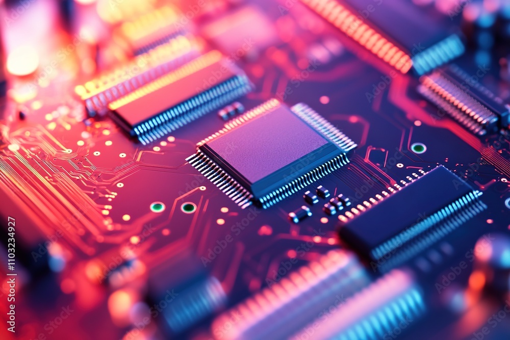 Close-up of circuit board with microchips and glowing details Close-up of circuit board with microchips and glowing details