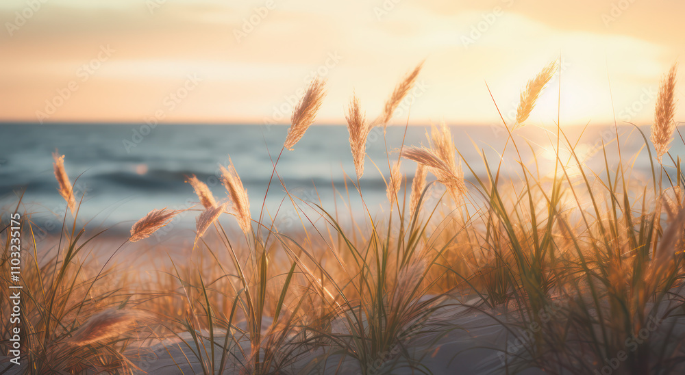 Serene Coastal Landscape at Sunset with Reeds and Warm Golden Light Illuminating the Tranquil Seascape, Perfect for Nature and Travel Themes Serene Coastal Landscape at Sunset with Reeds and Warm Golden Light Illuminating the Tranquil Seascape, Perfect for Nature and Travel Themes