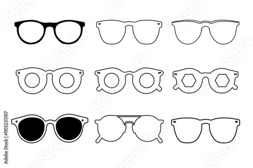 Black spectacles silhouettes, glasses frames isolated. Geek eyewear icons, stylish vision.