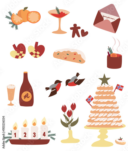 Norwegian Christmas clip art vector images, kransekake, Norwegian bread, advent candles