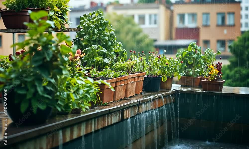Lush Green Plants in Pots on a Balcony During Rainy Day Lush Green Plants in Pots on a Balcony During Rainy Day