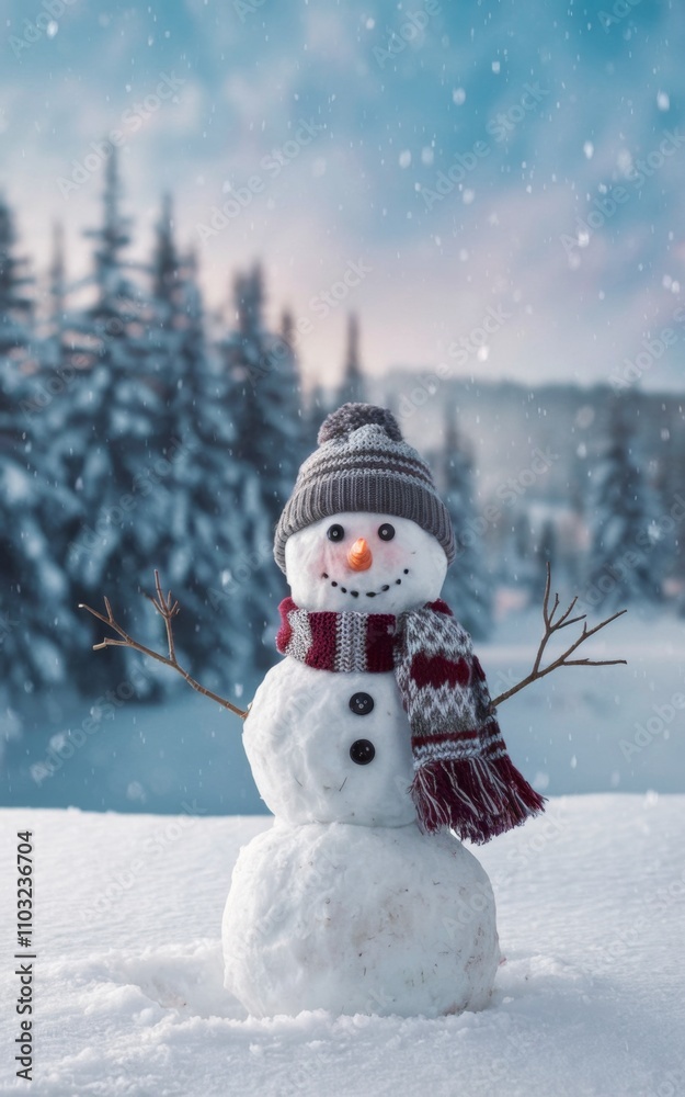 Fototapeta premium Cheerful Snowman in a Winter Wonderland with Snowy Forest and Falling Snowflakes
