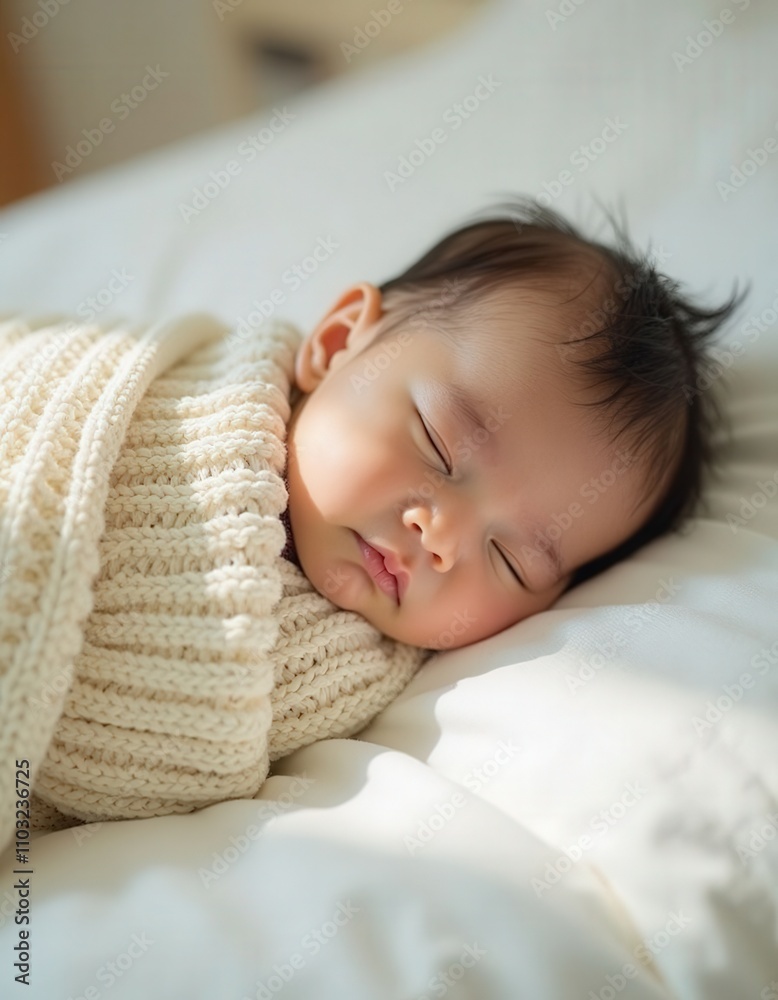 Infant Sleeping Peacefully in Knitted Blanket Infant Sleeping Peacefully in Knitted Blanket