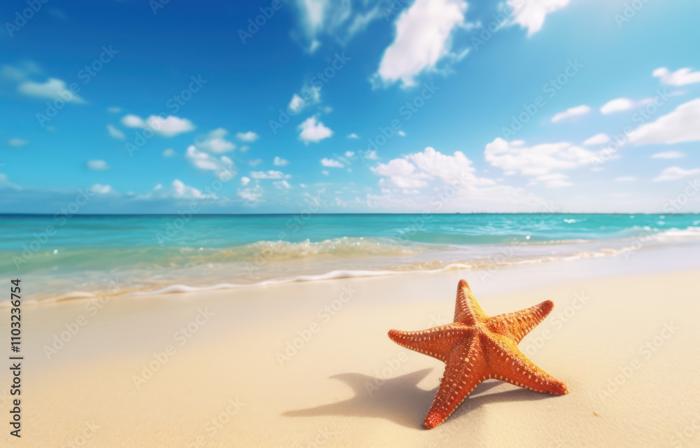 Starfish on Golden Sand Beach Against a Clear Blue Sky and Turquoise Ocean Waves, Perfect for Summer and Coastal Themes Starfish on Golden Sand Beach Against a Clear Blue Sky and Turquoise Ocean Waves, Perfect for Summer and Coastal Themes