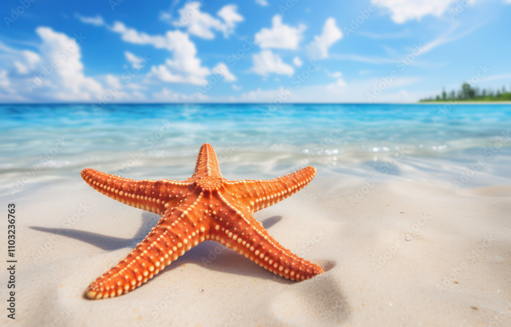 Bright Orange Starfish on Sandy Beach Under a Clear Blue Sky with Gentle Waves and Fluffy White Clouds in the Background, Perfect for Coastal and Marine Imagery Bright Orange Starfish on Sandy Beach Under a Clear Blue Sky with Gentle Waves and Fluffy White Clouds in the Background, Perfect for Coastal and Marine Imagery