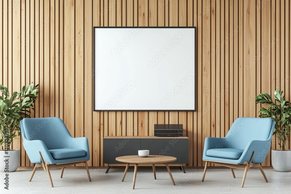 Two blue armchairs with a coffee table in front of a wooden wall with a blank square canvas and a black entertainment center. Two blue armchairs with a coffee table in front of a wooden wall with a blank square canvas and a black entertainment center.