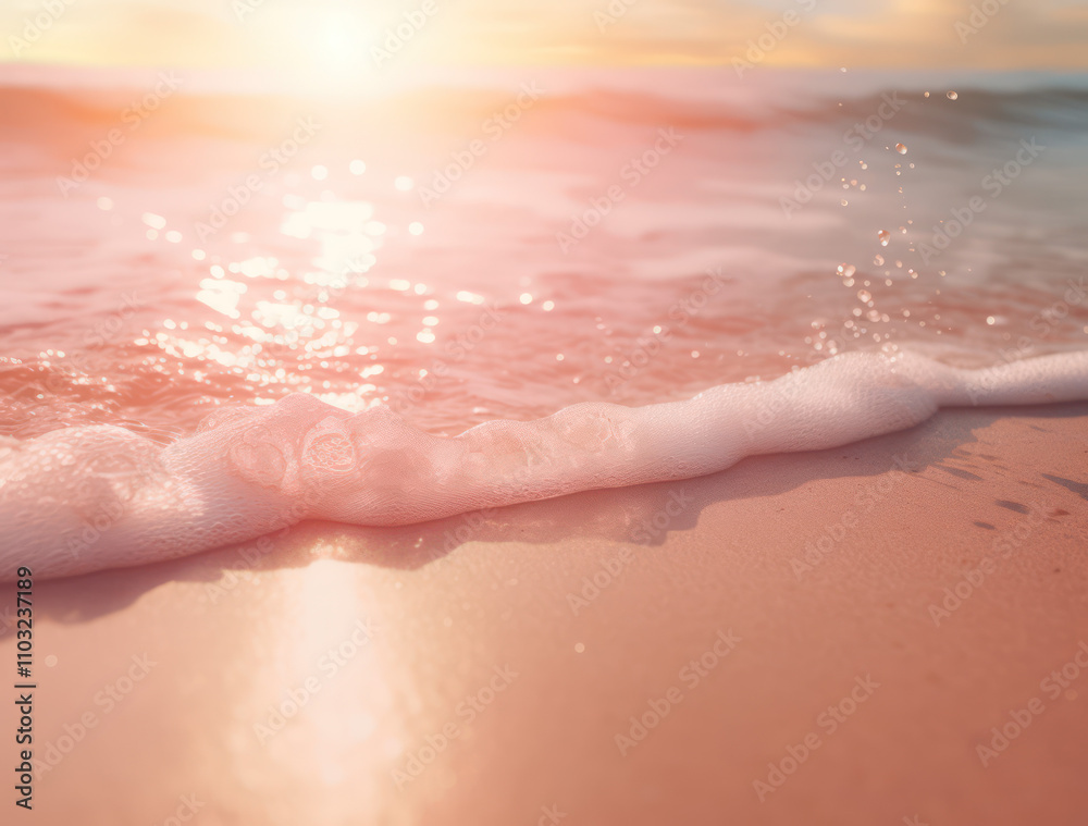 Fototapeta premium Scene of gentle ocean waves lapping at the serene sandy shore during a beautiful sunset with soft pastel colors and sparkling water reflections