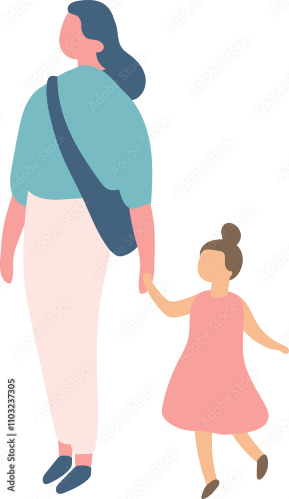 Stylized vector flat style mother with child walking silhouette isolated on background Stylized vector flat style mother with child walking silhouette isolated on background