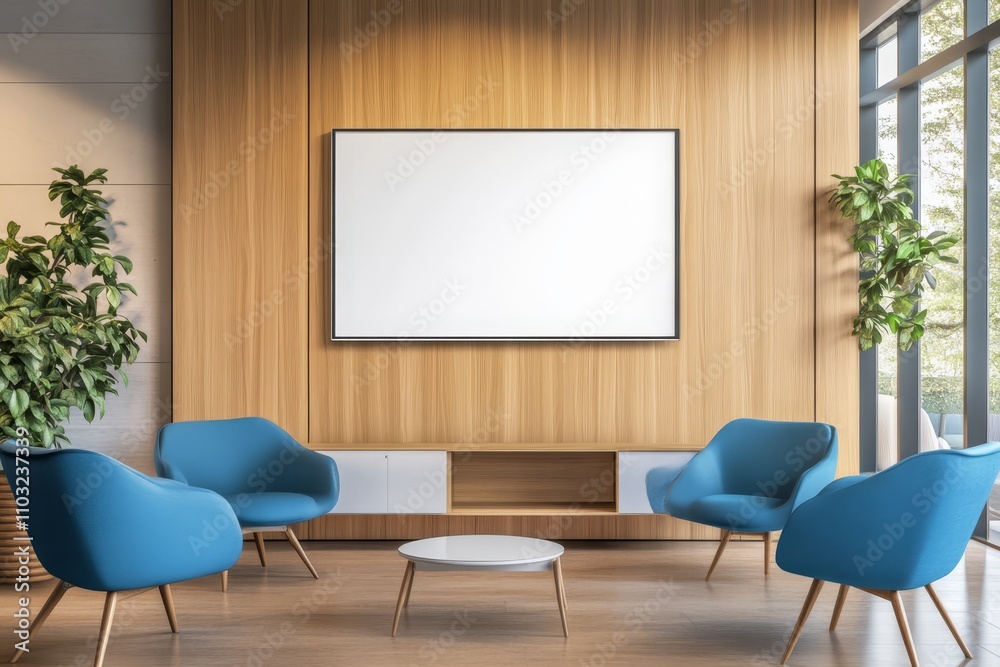 Modern office waiting area with wooden wall, blue chairs and a white framed mock-up poster. Modern office waiting area with wooden wall, blue chairs and a white framed mock-up poster.