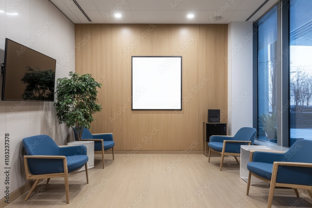 Fototapeta premium Modern office waiting area with blue chairs, wood paneling, large window, and empty picture frame.