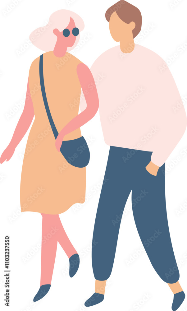 Stylized vector flat style walking couple silhouette isolated on background