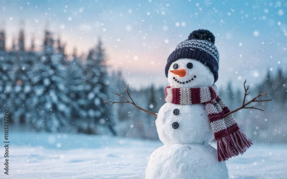 Cheerful Snowman in a Winter Wonderland with Snowy Forest and Falling Snowflakes Cheerful Snowman in a Winter Wonderland with Snowy Forest and Falling Snowflakes