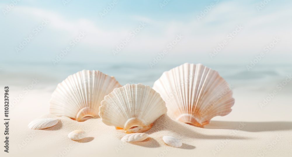 Sea background and Seashells with Soft Beach Sand and Gentle Ocean Background Capturing the Beauty of Coastal Nature in a Serene Atmosphere Sea background and Seashells with Soft Beach Sand and Gentle Ocean Background Capturing the Beauty of Coastal Nature in a Serene Atmosphere