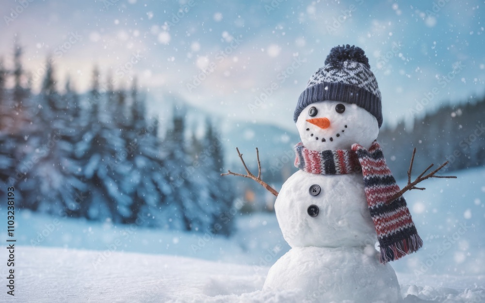Obraz premium Cheerful Snowman in a Winter Wonderland with Snowy Forest and Falling Snowflakes