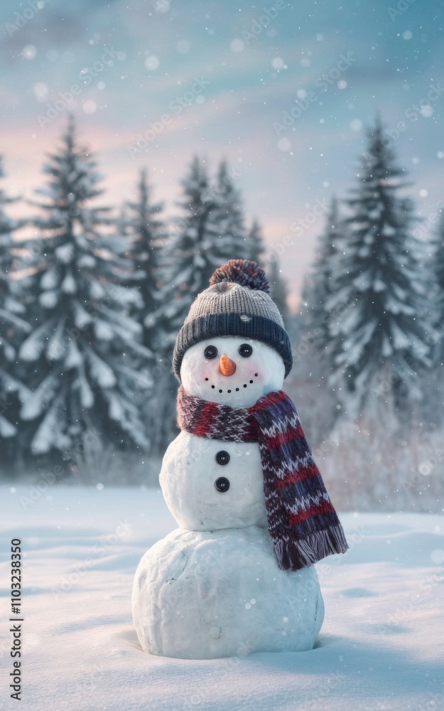 Fototapeta premium Cheerful Snowman in a Winter Wonderland with Snowy Forest and Falling Snowflakes
