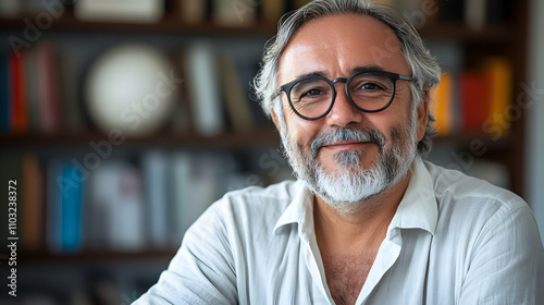 Portrait of a Mature Man with Glasses, Smiling Gently in a Home Library Setting