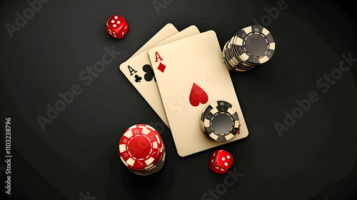 Two cards aces and chips, poker game. Black background, top view.