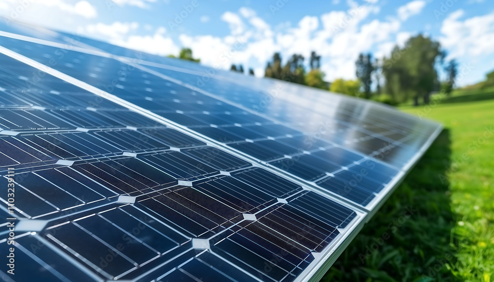 Fototapeta premium Solar Panel Energy: Close-up view of a solar panel in a lush green field under a bright, sunny sky. Clean energy, sustainability, and environmental consciousness are highlighted. 