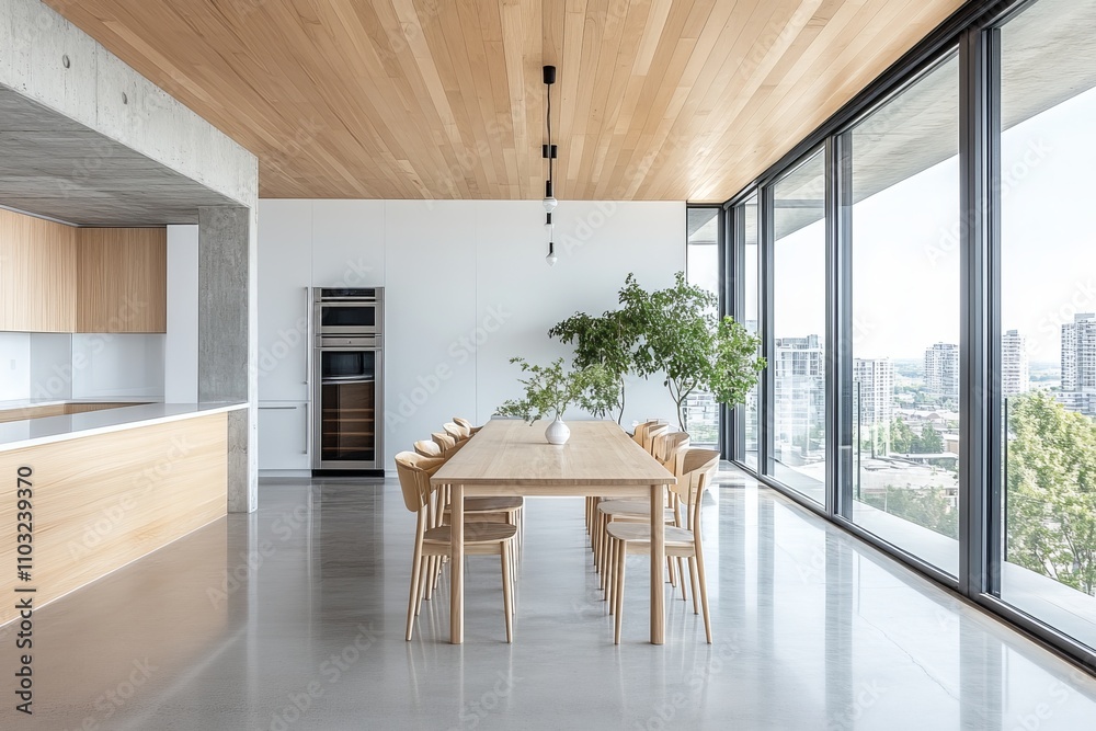 A modern dining room with a large window overlooking a city view. The room is decorated with wood paneling, a long wooden table, and matching chairs. There are two plants in the room. A modern dining room with a large window overlooking a city view. The room is decorated with wood paneling, a long wooden table, and matching chairs. There are two plants in the room.
