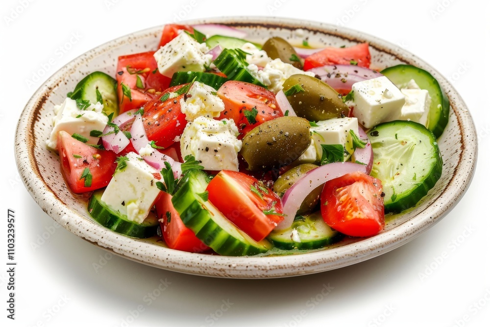 Greek Salad in Light Plate Isolated, Villages Salad or Horiatiki with Tomatoes, Diced Cucumbers, Onion Greek Salad in Light Plate Isolated, Villages Salad or Horiatiki with Tomatoes, Diced Cucumbers, Onion