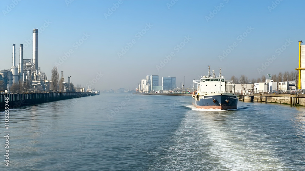 Industrial Canal, Cargo Ship Navigates Past Refinery on Sunny Day Industrial Canal, Cargo Ship Navigates Past Refinery on Sunny Day