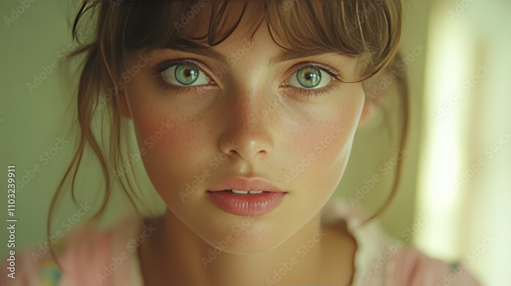 A young woman with green eyes and a pink shirt. She has a smile on her face and her eyes are open wide A young woman with green eyes and a pink shirt. She has a smile on her face and her eyes are open wide