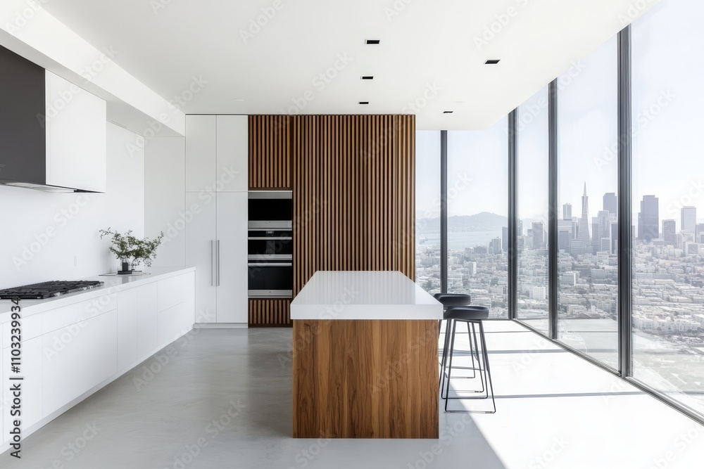 Modern kitchen with white cabinets, a wooden island, and large windows offering a panoramic city view.