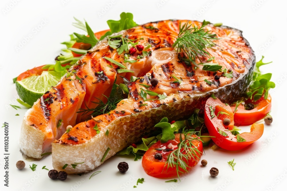 Grilled Salmon Steak, Barbecue Red Fish or Trout Fillet with Warm Vegetable Salad, Greens Grilled Salmon Steak, Barbecue Red Fish or Trout Fillet with Warm Vegetable Salad, Greens