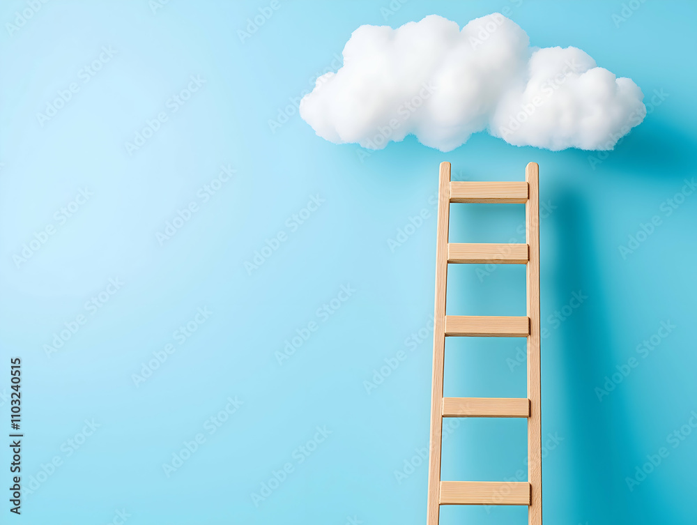 A simple wooden ladder leads up to fluffy clouds against a light blue background, symbolizing dreams and aspirations. A simple wooden ladder leads up to fluffy clouds against a light blue background, symbolizing dreams and aspirations.