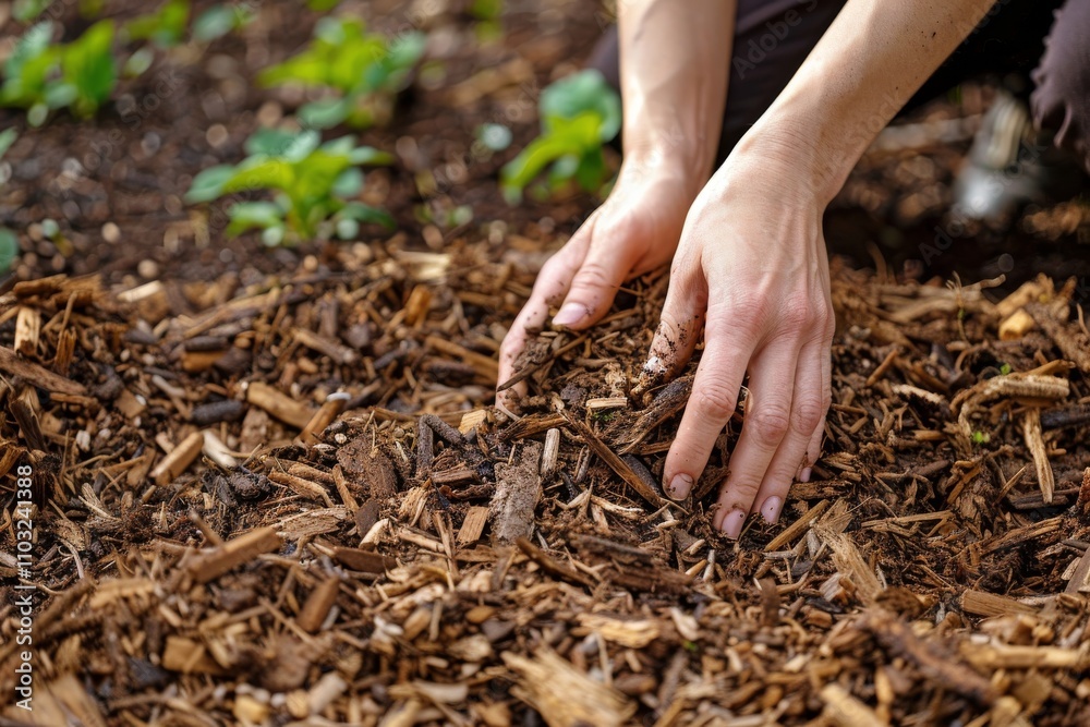Hands mulching soil with bark chips in garden, mulch closeup, crushed wood pieces, copy space Hands mulching soil with bark chips in garden, mulch closeup, crushed wood pieces, copy space