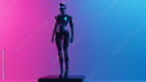 Woman cyborg or robot with AI knelt down on futuristic platform in cyberspace. artificial intelligence in image anthropomorphic cybernetical mechanical wise Female. AI technology concept. photo