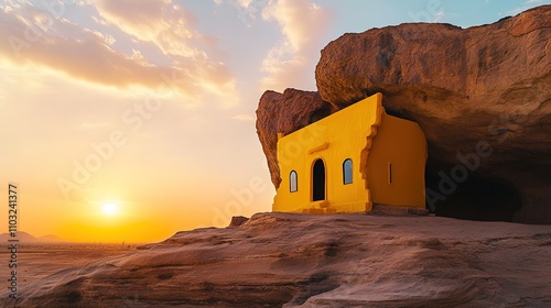 A striking yellow building perched on a rock, bathed in the warm glow of a sunset, with the sun casting long shadows photo