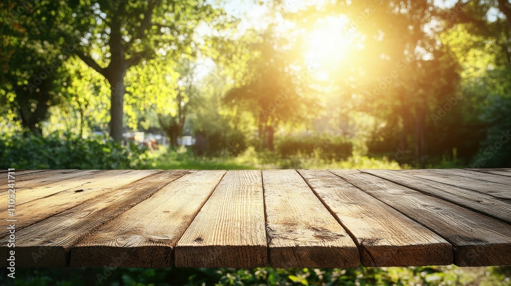 A wooden table with a view of trees and a bright sun. The table is empty and the view is peaceful and serene A wooden table with a view of trees and a bright sun. The table is empty and the view is peaceful and serene