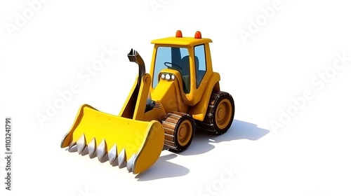 A cheerful yellow digger cartoon illustration, designed in a children's book style, with vibrant colors and friendly, rounded features. The digger is depicted in action, with its bucket raised,  photo