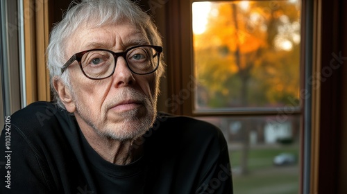 A man with glasses is sitting in a window. He is looking out the window and he is deep in thought