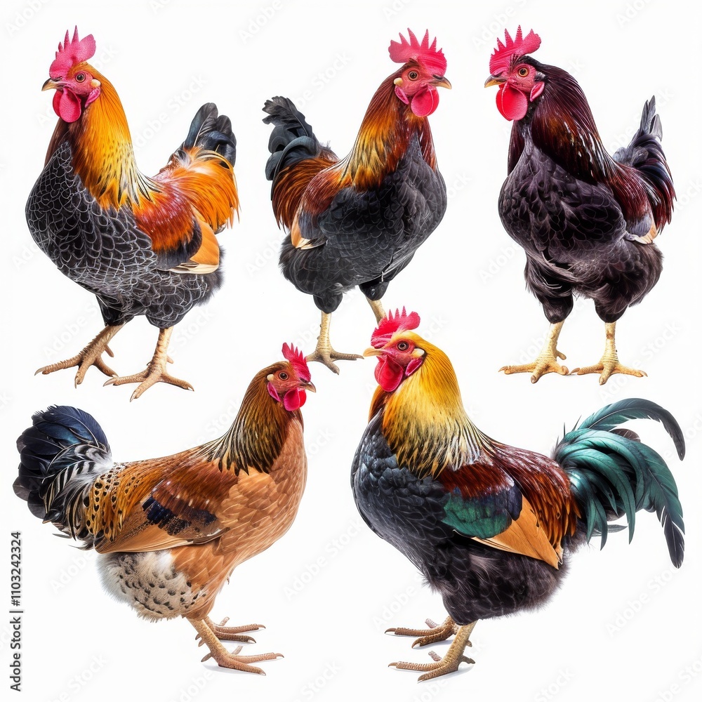 Fototapeta premium Color hens, different hens and roosters set isolated, chickens on white background