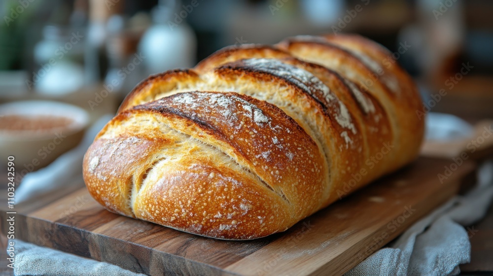 Freshly baked artisan sourdough bread placed on a wooden surface, a close-up view emphasizing its crusty texture Freshly baked artisan sourdough bread placed on a wooden surface, a close-up view emphasizing its crusty texture