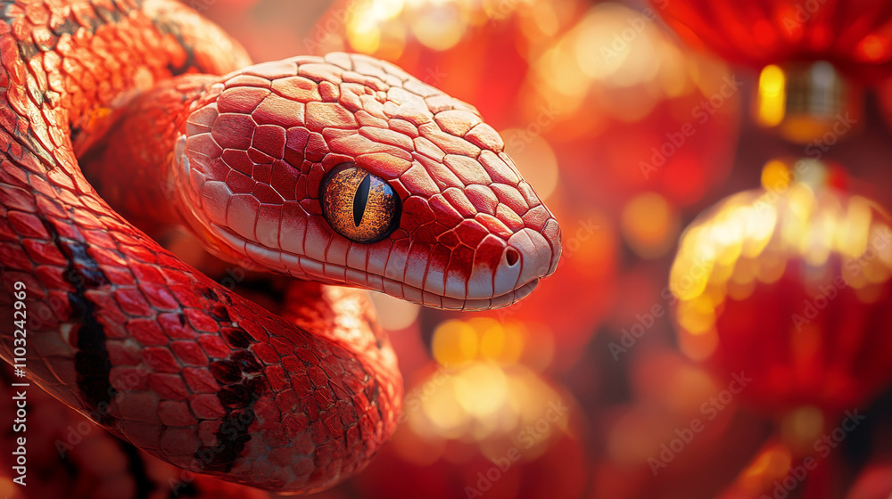 Close up of a Red Snake on Chinese New Year Decorations Background Close up of a Red Snake on Chinese New Year Decorations Background