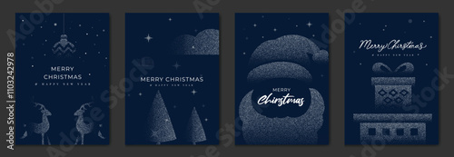 Merry Christmas and Happy New Year greeting card vector set. Luxury invitation with Christmas tree, reindeer, santa, spot texture on navy blue background. Design illustration for season's card, ads.