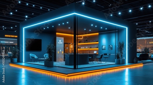 A modern exhibition stand showcases complex construction with neon lighting and dark-colored furniture, creating a vibrant atmosphere at a trade show.
